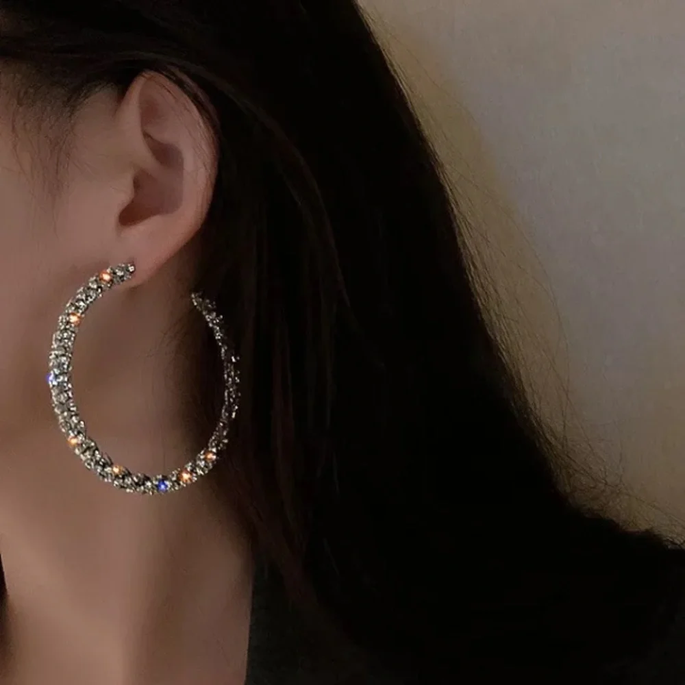 🌟 Gorgeous Rhinestone Silver Hoop Earrings